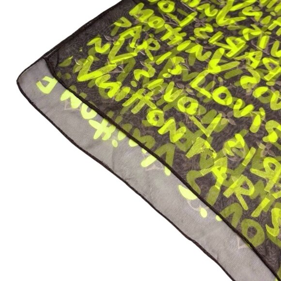 LOUIS VUITTON Vintage LV Monogram Logo Graffiti Scarf Green Brown Silk [106311] - Picture 5 of 10
